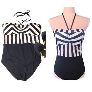 GUESS Black White High Waist Bandeau One Piece Swimsuit Medium